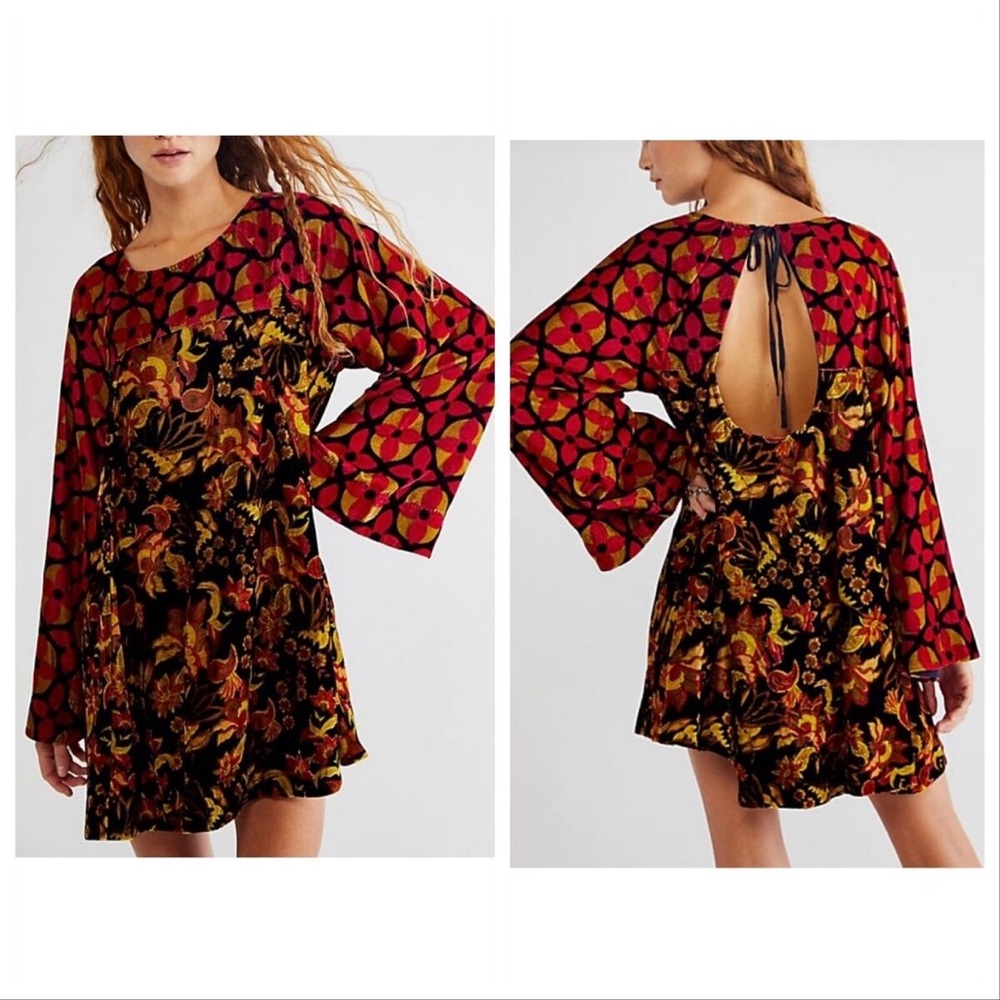 NWT Free People Mary Mod Velvet Mini Dress Boho Retro Print Hippie Bell Sleeve L